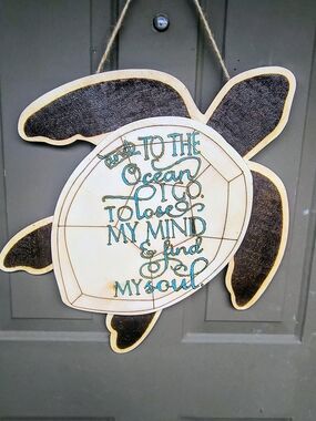 Hand Crafted Turtle Wall Hanging in White and Black with Teal Lettering
